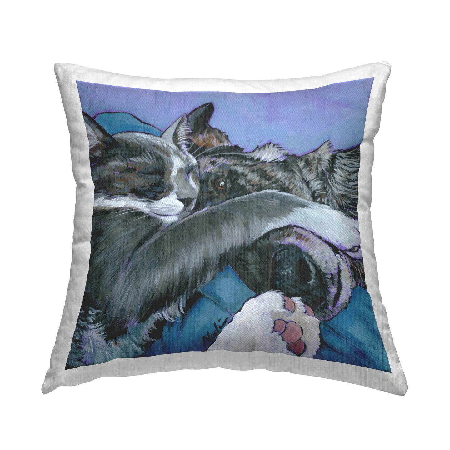 Cat &#x26; Dog Cuddles Design by &#xA9; Nadi Spencer Throw Pillow 