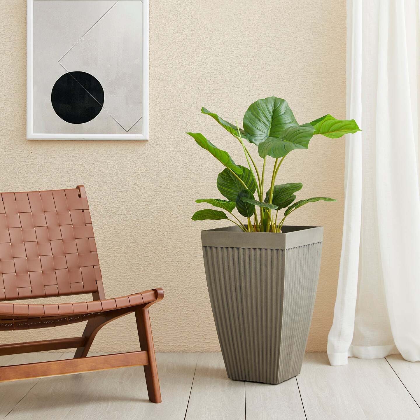 22.75&#x22;H Oversized Set of 2 Eco-Friendly PE and Stone Faux Fluted Textured Concrete Tall Planter