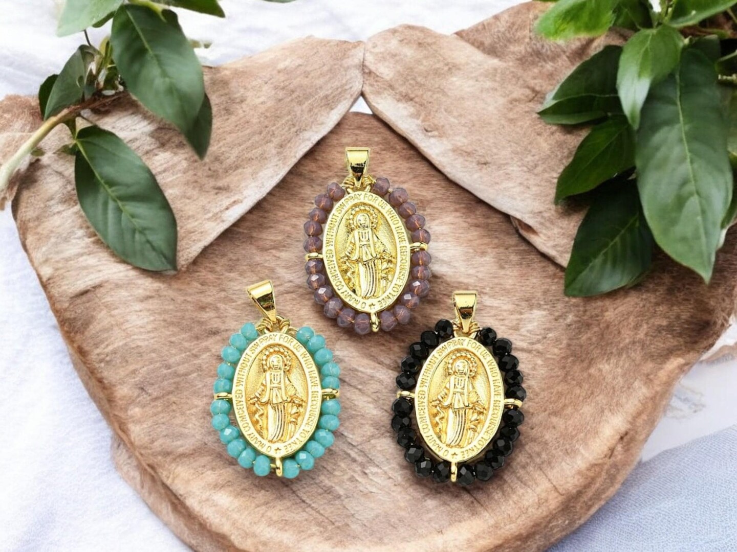 25x20mm Beaded Oval Virgin Mary Pendant - Choose Your Color
