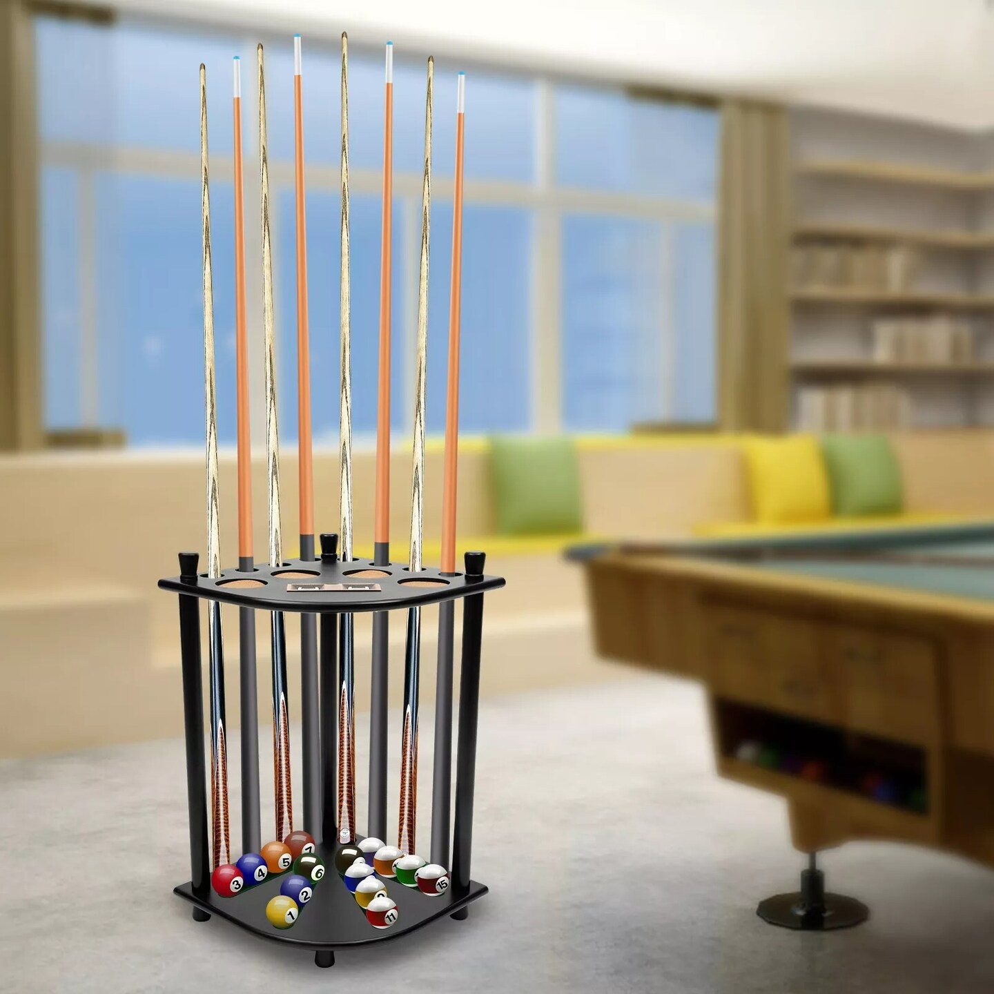 Pool Cue Holder Hold 8 Billiard Pool Sticks Ball Floor Stand Table Accessory