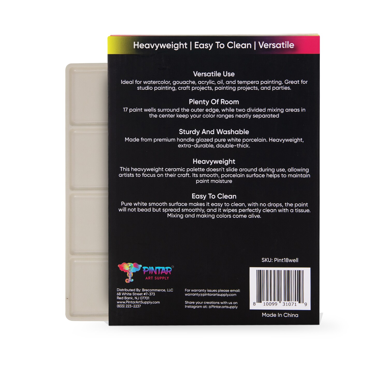 Pintar Ceramic Watercolor Paint Palette Tray - 18 -Well Ceramic Palette | Rectangle - 8&#x27;&#x27;x5.5&#x27;&#x27;x0.75&#x27;&#x27; Paint Pallet | Durable Watercolor Palette Tray for Acrylic, Oil, Gouache &#x26; All Water-Based Paints