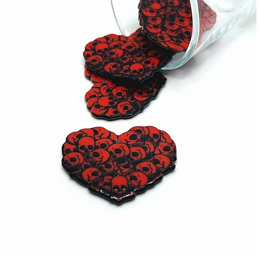 1, 4 or 20 Pieces: Red Punk Rocker Valentine&#x27;s Day Heart Charm with Skulls Charm: Double Sided