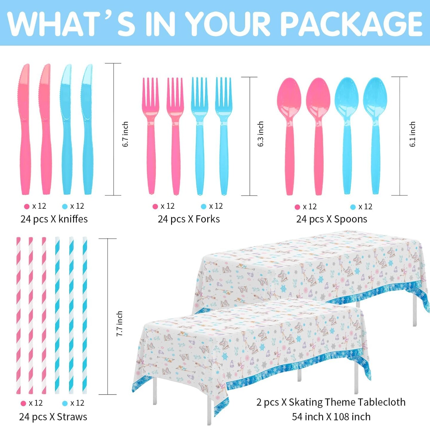 Ice Skating Birthday Party Decorations Tableware - Ice Skating Party Supplies, Plate, Cup, Napkin, Tablecloth, Cutlery, Winter Wonderland Ice Skating Birthday Decorations For Girls | Serves 24