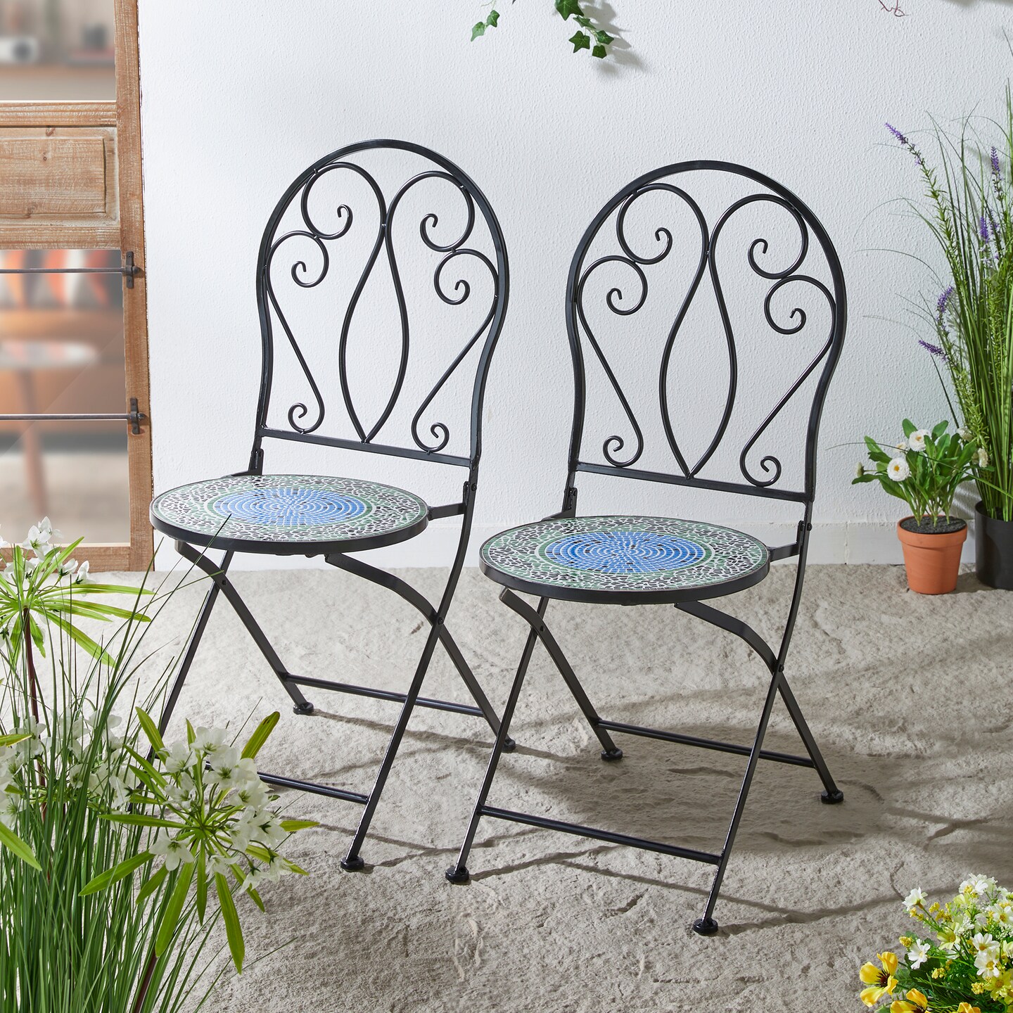 Set of 3 Black Outdoor Metal and Ceramic Tile Folding Bistro Set