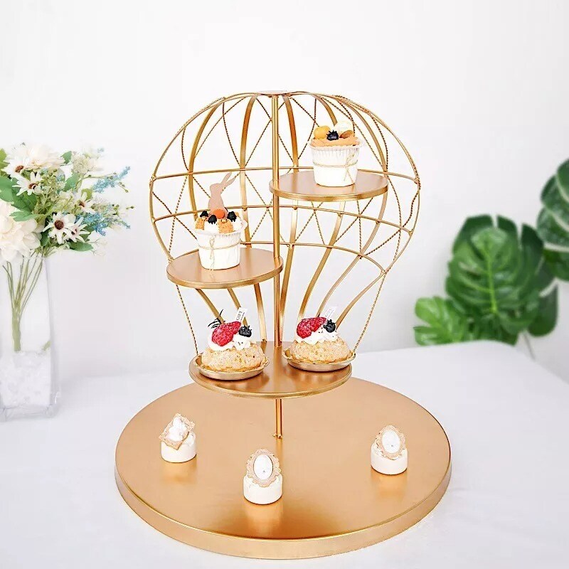 19 in tall Gold 4 Tier Metal Hot Air Balloon Cupcake Holder Dessert Display
