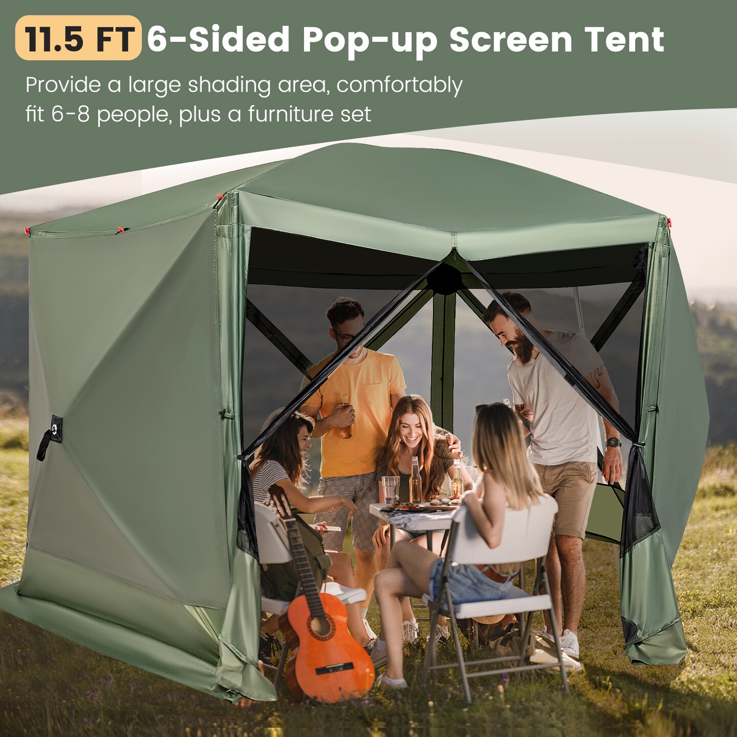 Costway 11.5 X 11.5 FT 6-Sided Pop-up Screen House Tent With 2 Wind Panels for Camping Coffee/Green