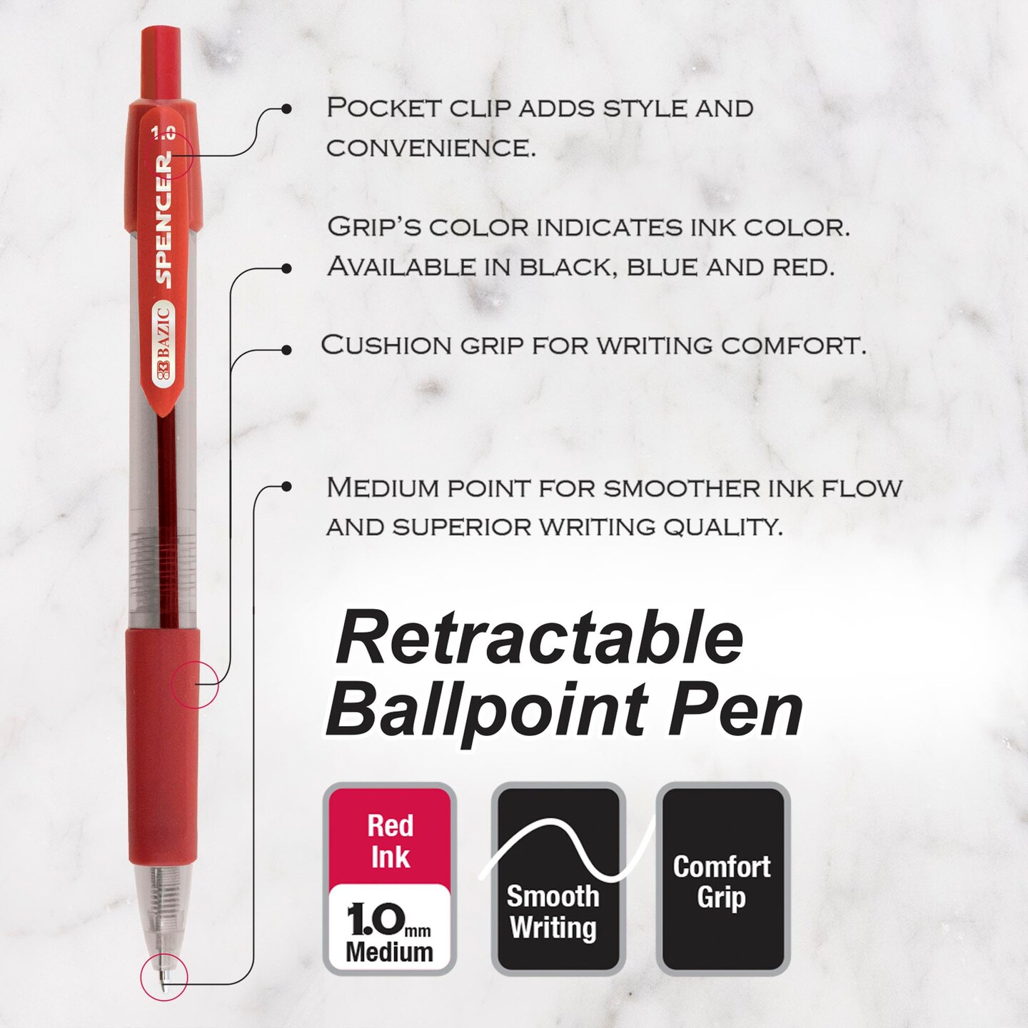 BAZIC Spencer Red Retractable Pen w/ Cushion Grip (5/Pack)
