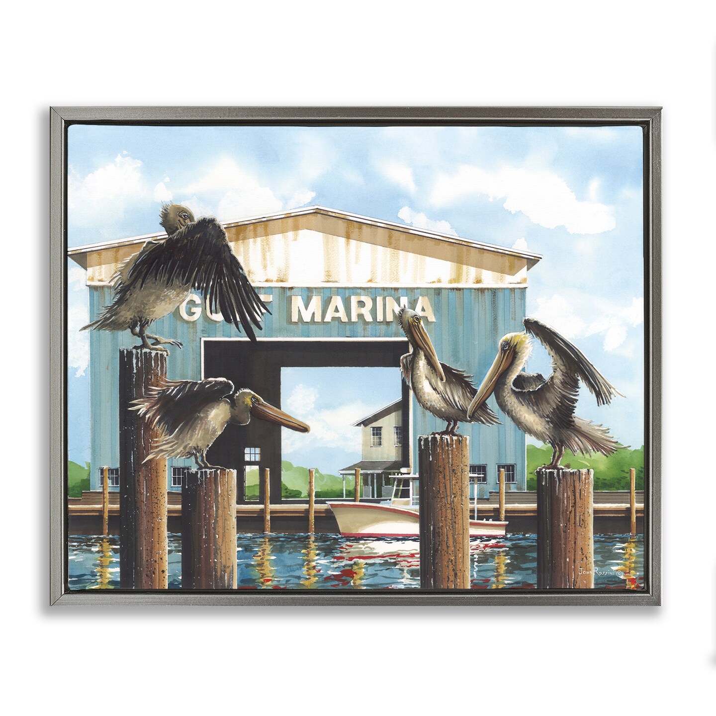 Stupell Industries Boat Marina Pelicans Framed Floater Canvas Wall Art ...