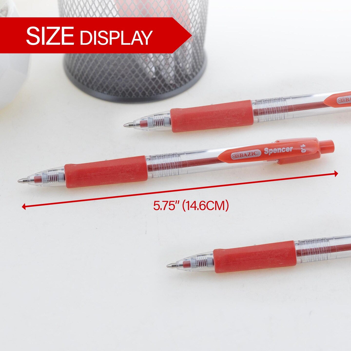 BAZIC Spencer Red Retractable Pen w/ Cushion Grip (5/Pack)