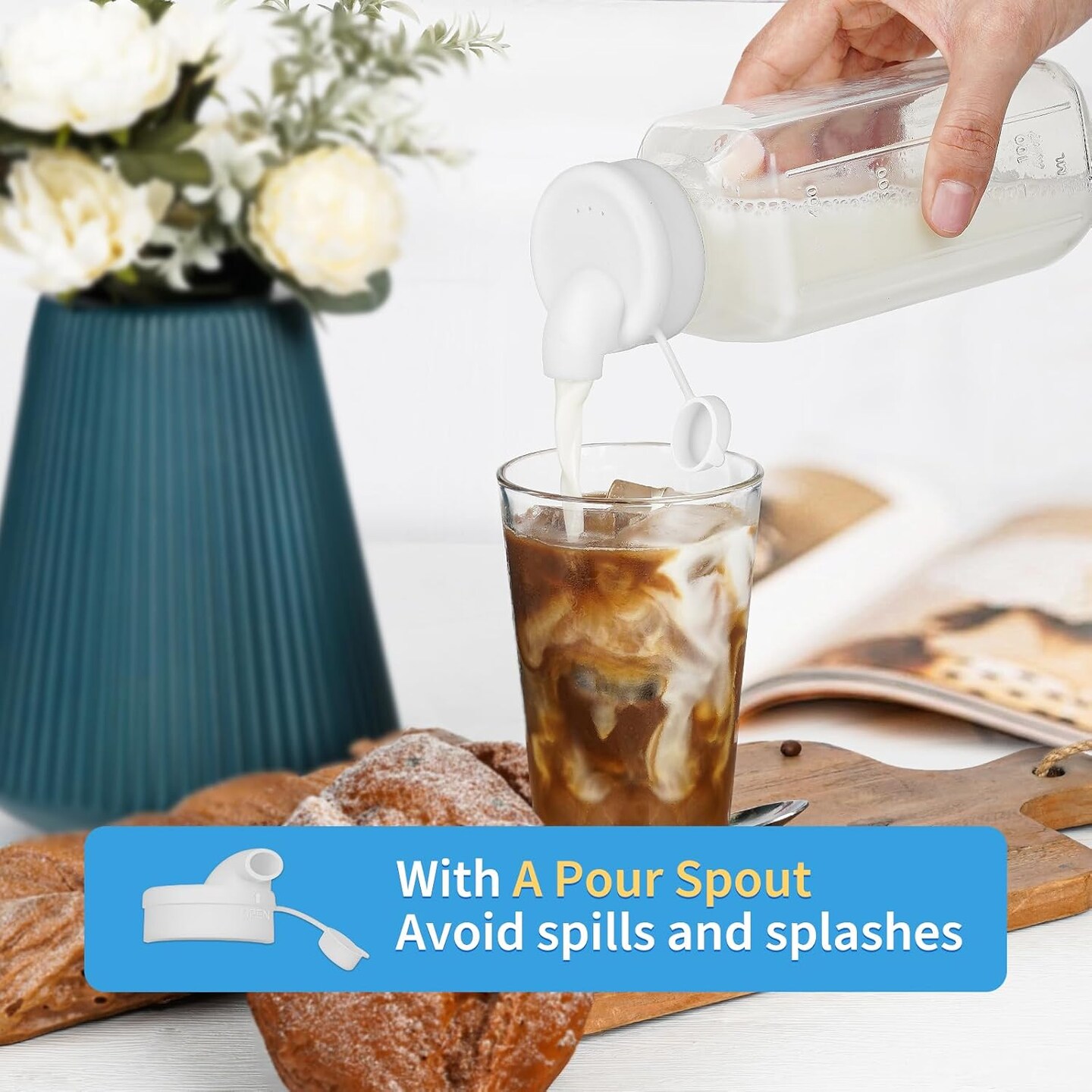 6 Pack 16 Oz Glass Juice Bottles w Pour Spout, 100% Airtight Heavy Duty SCREW Lid- Reusable Glass Milk Bottles w Capacity Mark, Square Drinking Jar Juice Container(Extra 2 Lid)