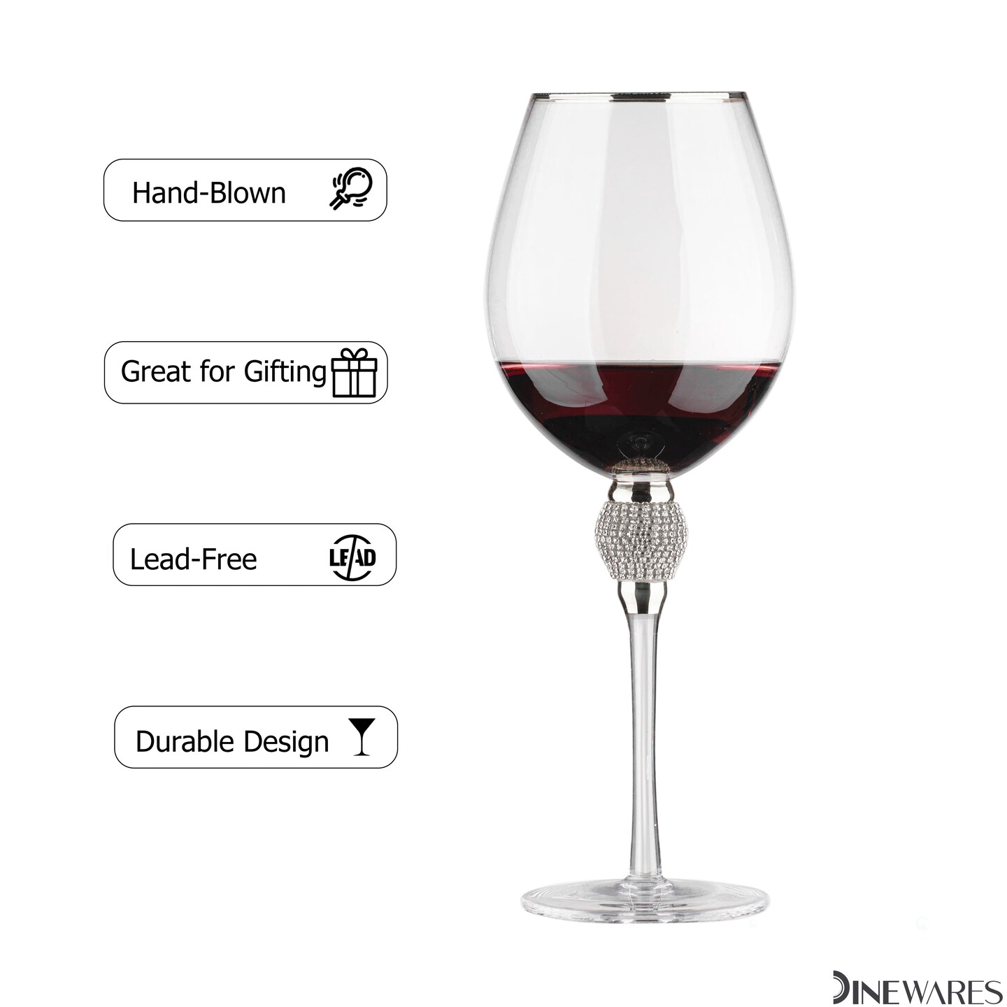 Rimmed Red Wine Glasses with Diamond Rhinestone Accent - 18 oz, 10 Inches Tall - Perfect Toasting Glasses for Bride and Groom, Great for Party, Wedding Anniversary and Special Occasion