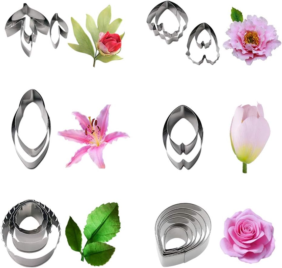 Gumpaste Flowers and Leaves Fondant Tool Kit-6set Fondant Flowers Silicone Mold 7set Gum Paste Flower Cutter Set 20 Flower Clay Modeling Tools 1 Leaf Veining Board 1 Flower Foam Pad 6 Fondant Brushes