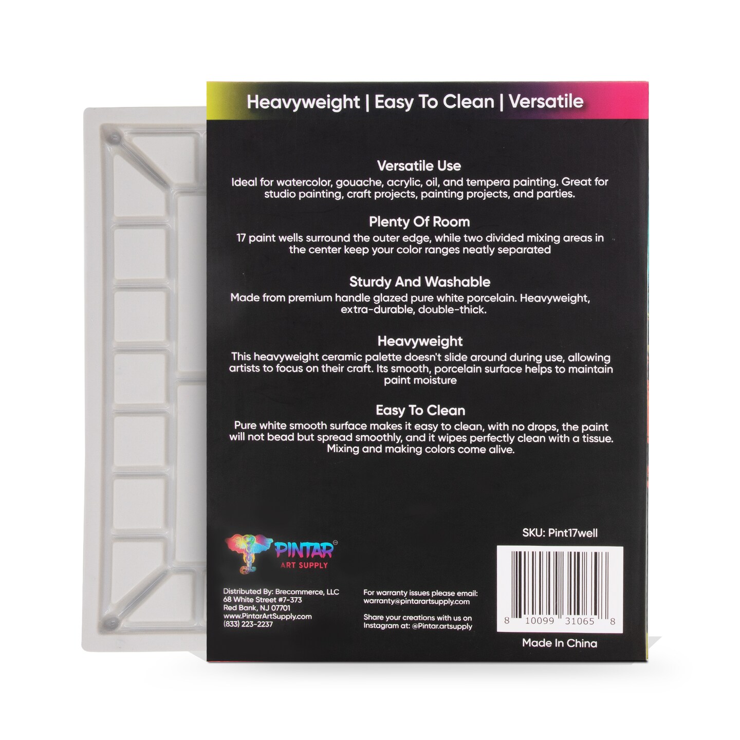 Pintar Ceramic Watercolor Paint Palette Tray - 17 Well Ceramic Palette | Rectangle - 13 x 9.8 inch Paint Pallet | Durable Watercolor Palette Tray for Acrylic, Oil, Gouache &#x26; All Water-Based Paints
