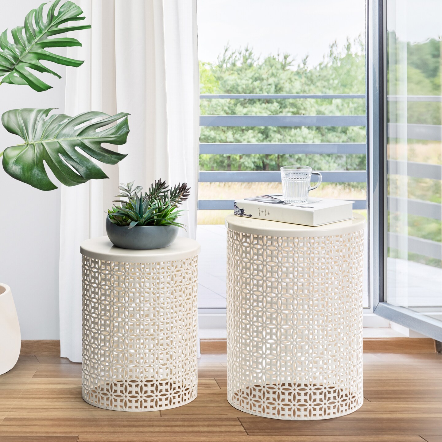 Set of 2 Multi-functional Metal garden Stool or Planter Stand or Accent Table or Side Table