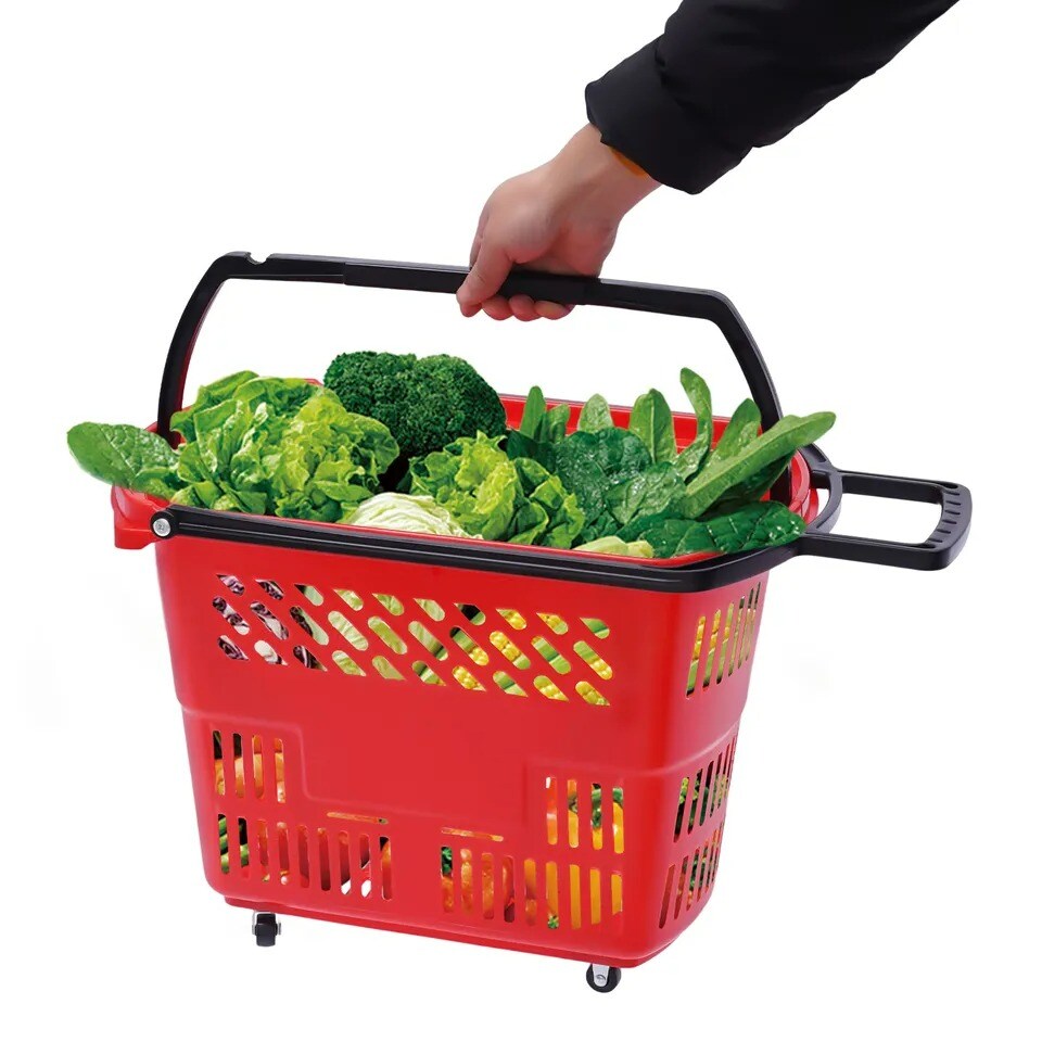 6Pcs Durable Red Rolling Shopping Basket with Wheels and Handle in Supermarkets