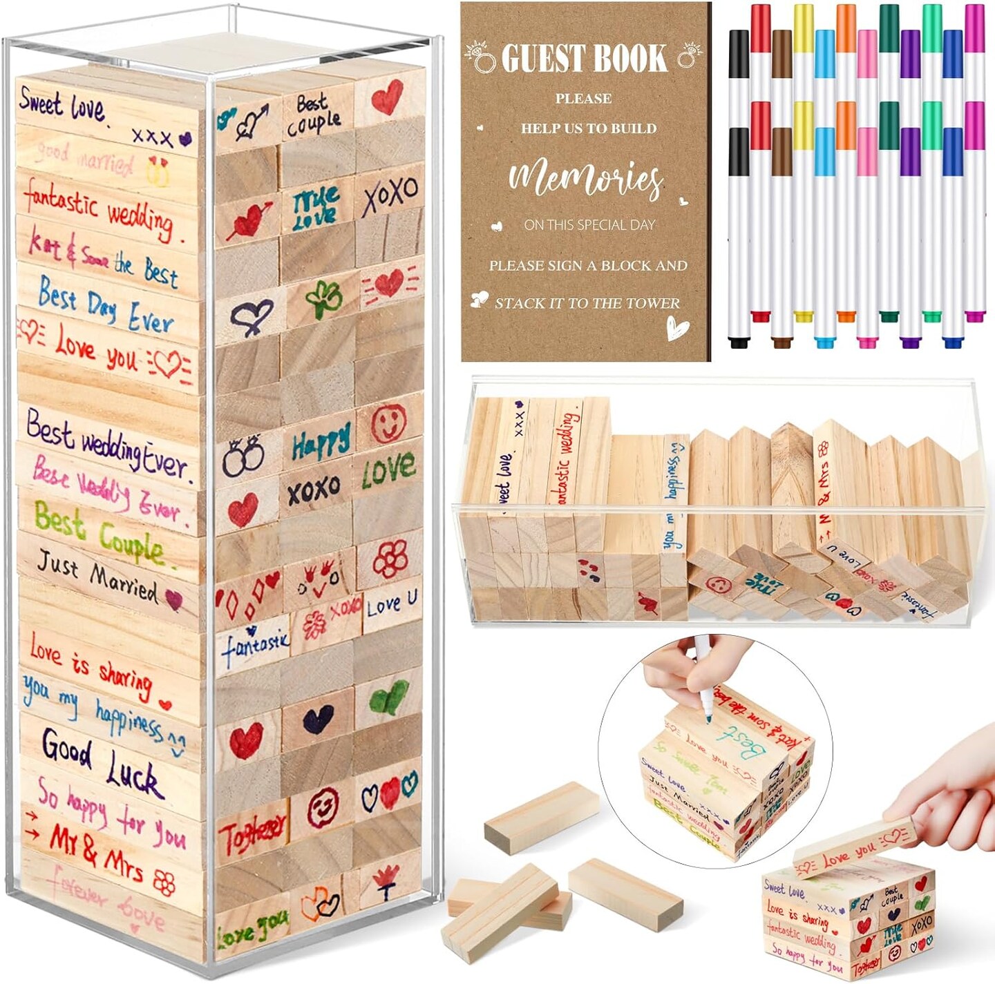 Beeveer 80 Pcs Wedding Guest Book Alternative Wooden Block Guest Book for Wedding Sign in Bridal Shower Decoration Wooden Block Bridal Shower Game for Sign in, Reception(Boho)