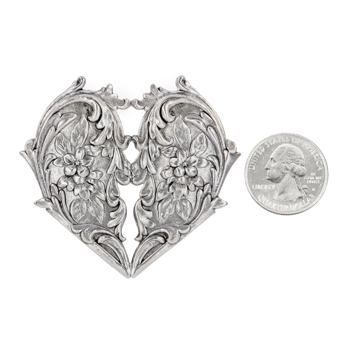 Pewter Plated Brass Floral Filigree Victorian Heart Pendant - P-P02