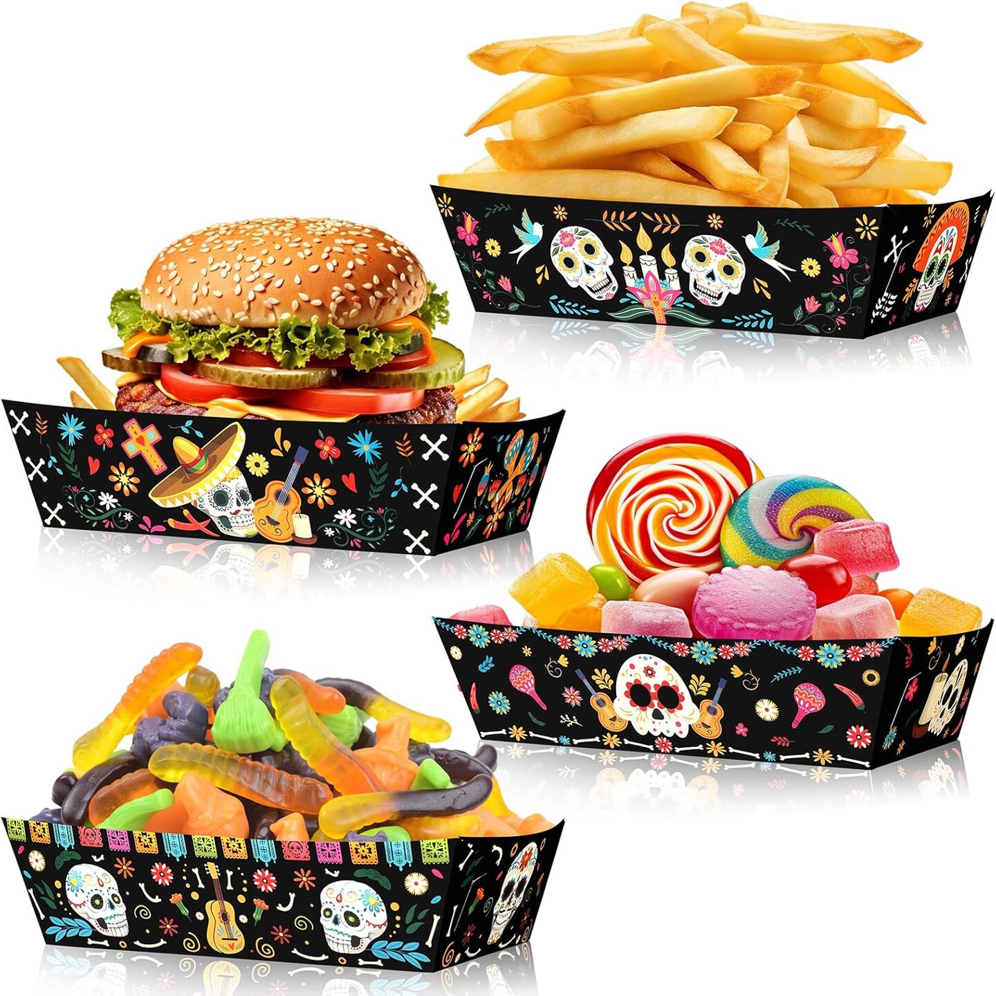 24 Pcs Day of The Dead Food Trays Sugar Skull Paper (Black)