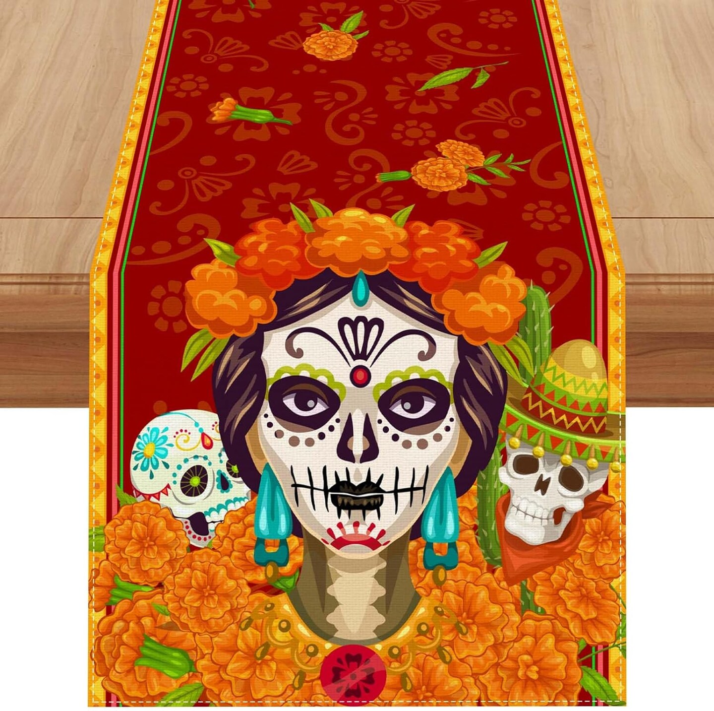 Linen Dia De Los Muertos Table Runner (Yellow)