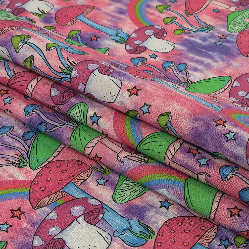 1 Yard Stretch Cotton Poplin Pink Green and Blue Mushrooms and Rainbows Fabric