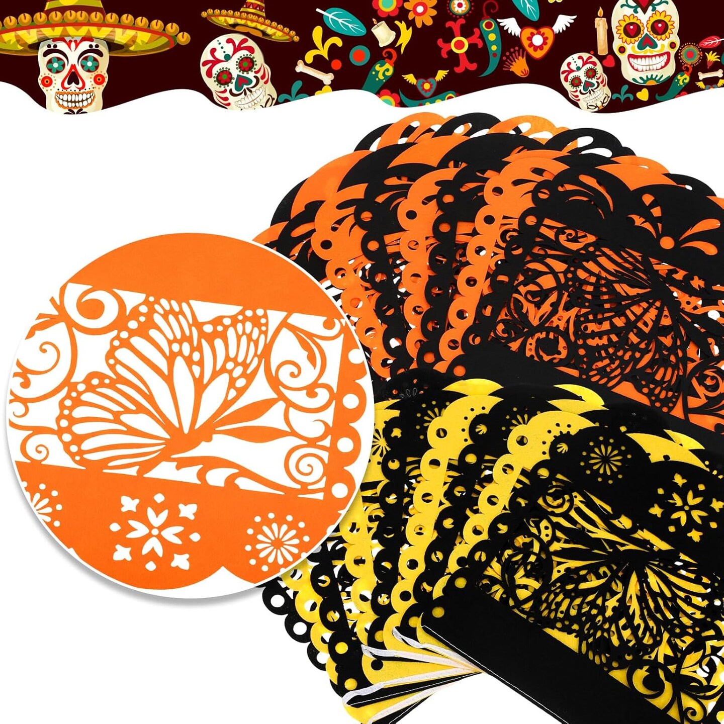 52 Pieces Day of the Dead Decorations Set (Mainly Orange, Black, Yellow)