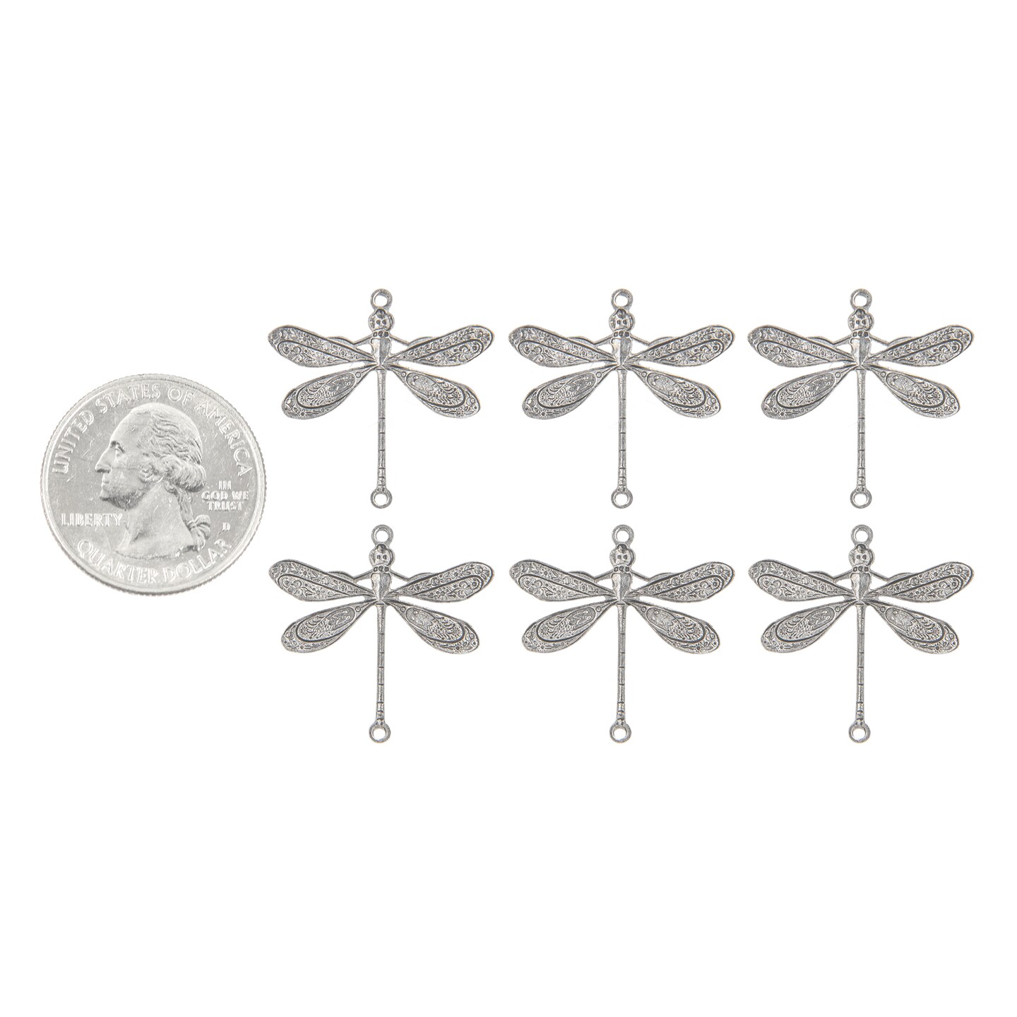 Pewter Plated Brass Medium Ornate Dragonfly Two Ring Connectors - Set of Six *P-2C13