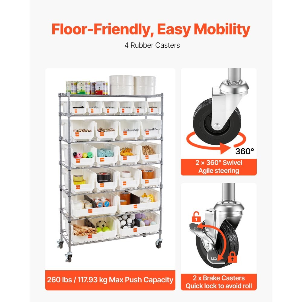 Rolling Bin Storage Rack with Organizer Bins Steel Wire Shelf on Wheels