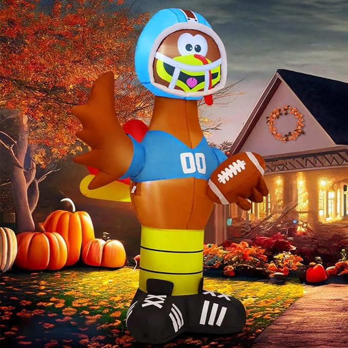 GOOSH 6 FT Thanksgiving lnflatable Turkey Blow Up Yarda Turkey with a Rugby with Built-in LEDs