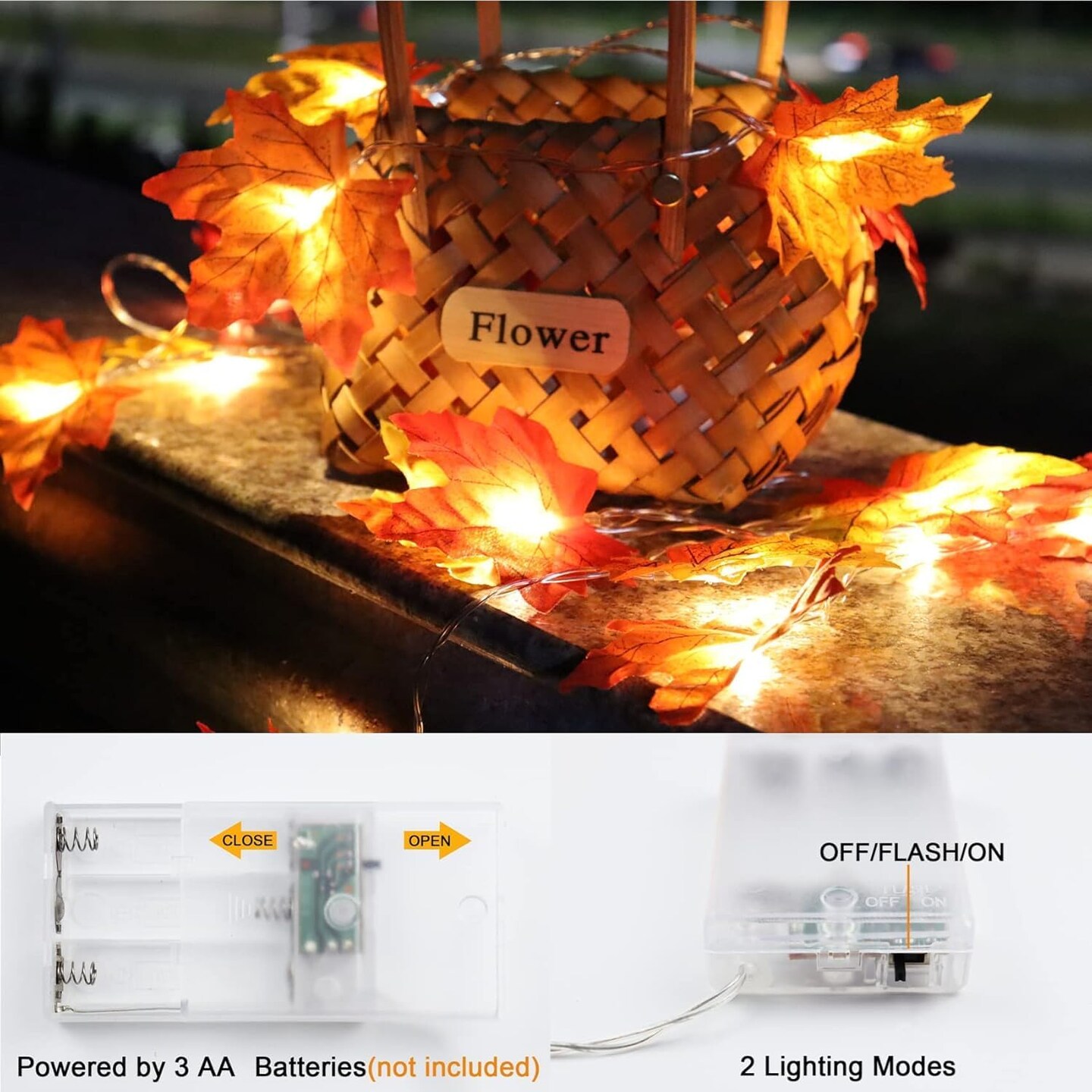 2-Pack 20FT Thanksgiving Garland with Pumpkin & Maple Leaf Lights – 40 LED Battery-Operated 3D Fall Leaves String Lights for Mantel, Table, Porch, Door, Indoor & Outdoor Decor (Orange)
