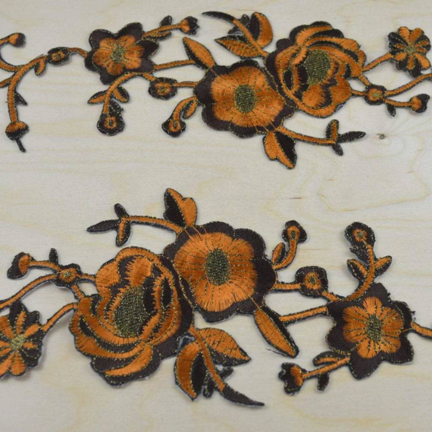 2 Pieces Brown and Rust Flower Appliques with Antique Gold Embroidery Iron On Patches