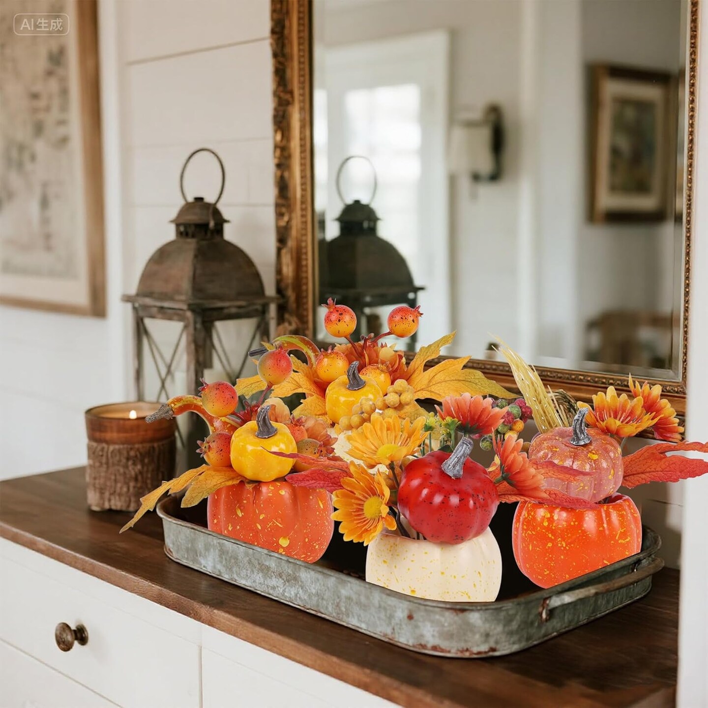 Set of 6 Artificial Pumpkins with Maple & Flowers Table Decor