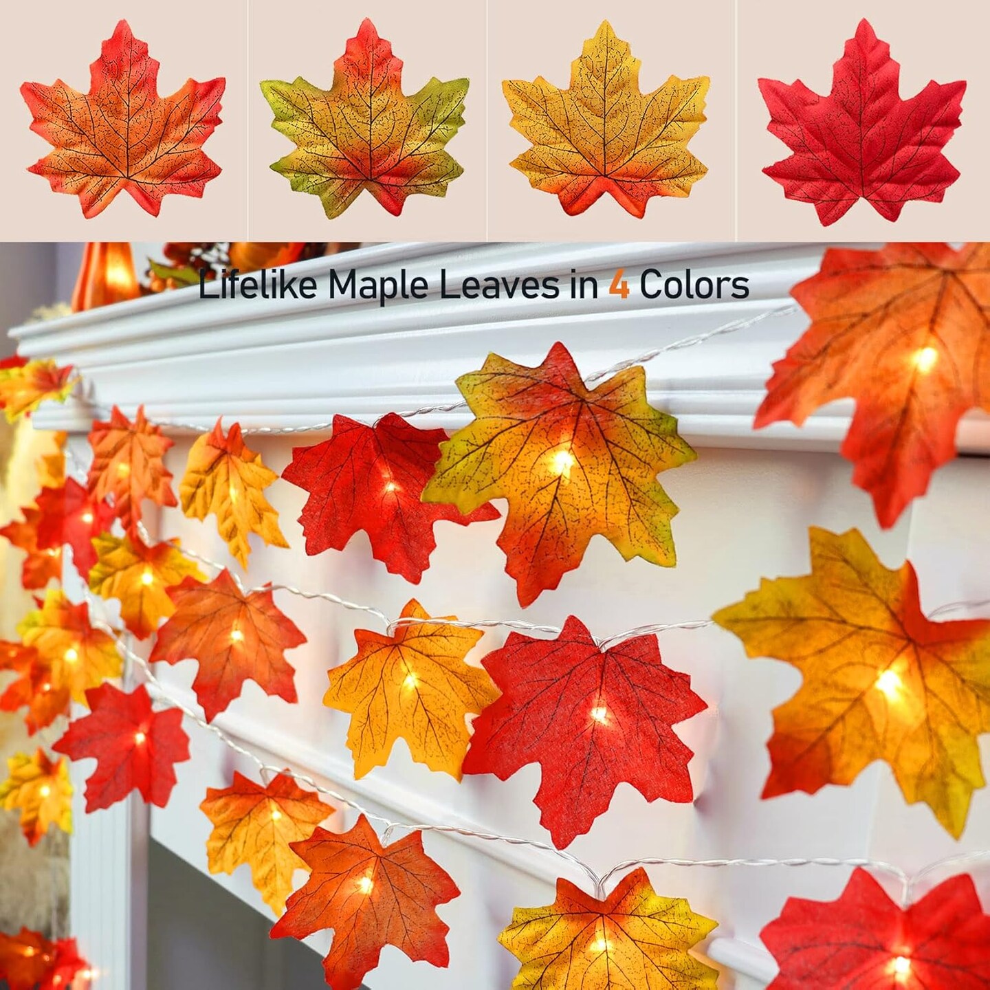 2-Pack 20FT Thanksgiving Garland with Pumpkin & Maple Leaf Lights – 40 LED Battery-Operated 3D Fall Leaves String Lights for Mantel, Table, Porch, Door, Indoor & Outdoor Decor (Orange)