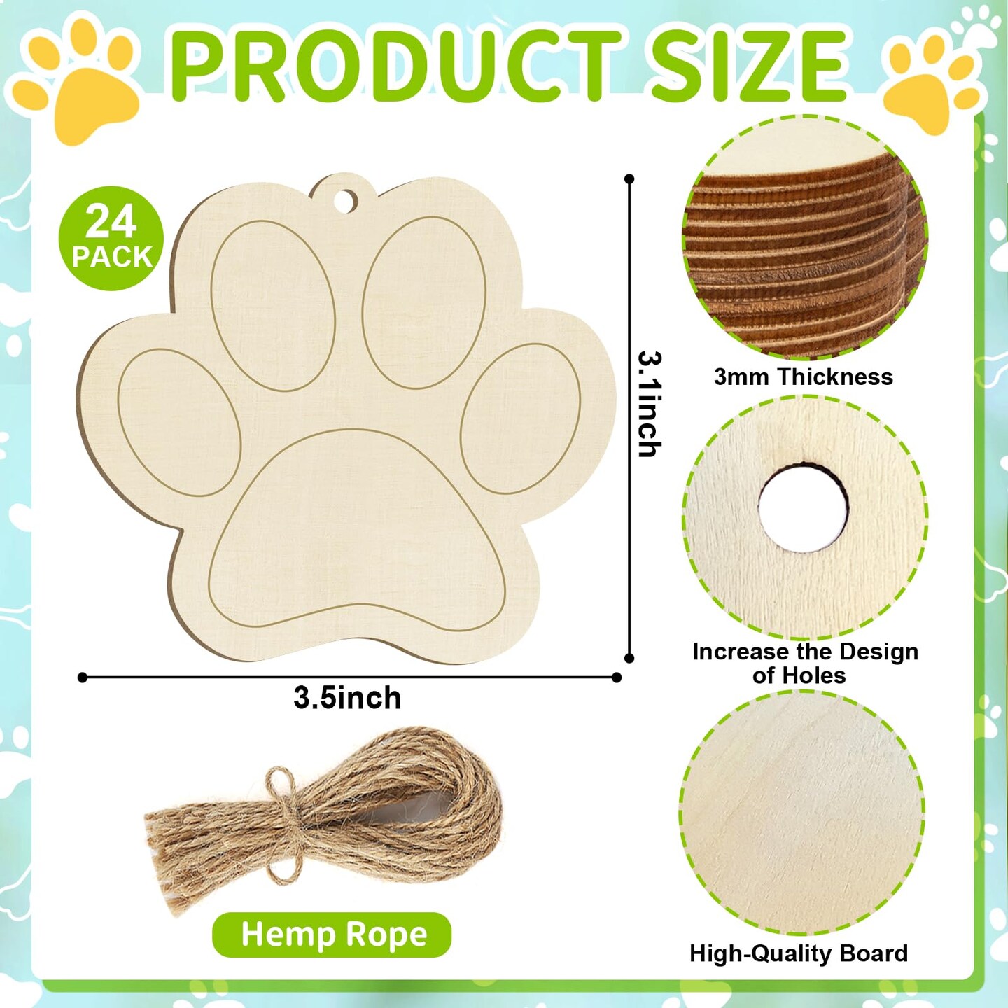 Wooden Dog Paw-Shaped Ornaments to Paint Dog House Decoration Cutouts Unfinished 24PCS, DIY Blank Unfinished Wood Discs Ornament for Pet Theme Party Crafts Hanging Christmas Thanksgiving Decoration
