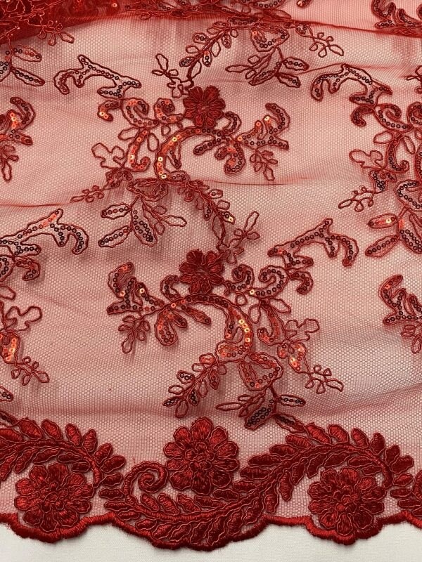 1 Yard Red Sequin Lace Fabric Corded Embroidered Mesh with Double Scallop Edge 54" Wide