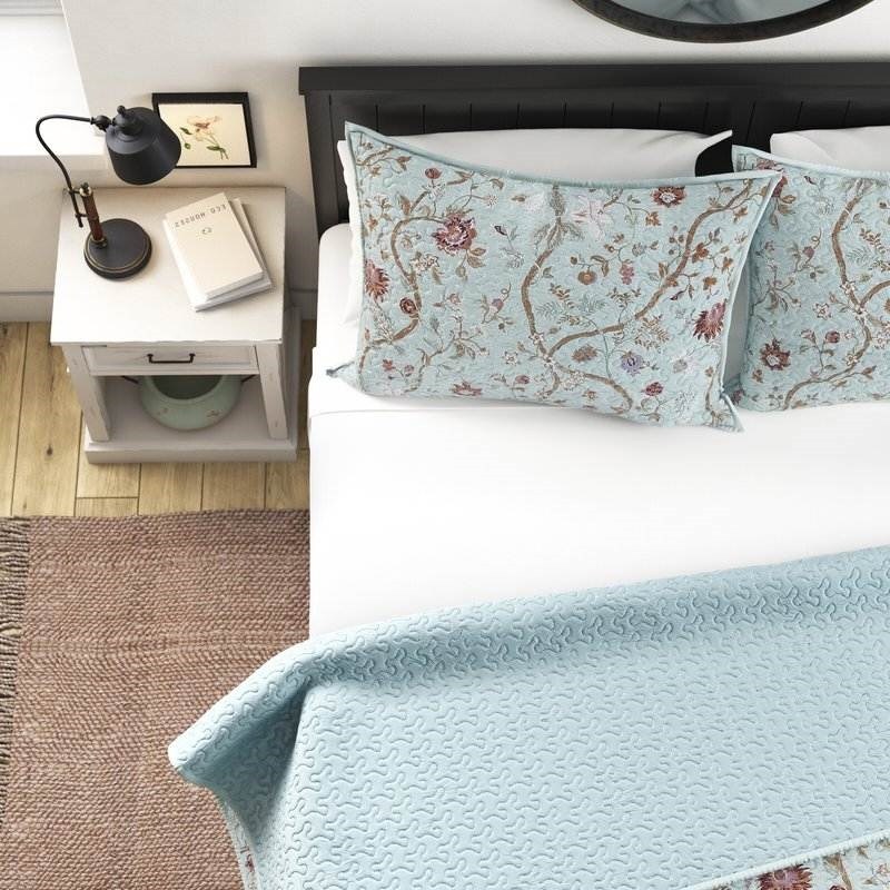 Blue Teal Cotton Reversible Quilt Set with Floral Vine Pattern and Machine Washable