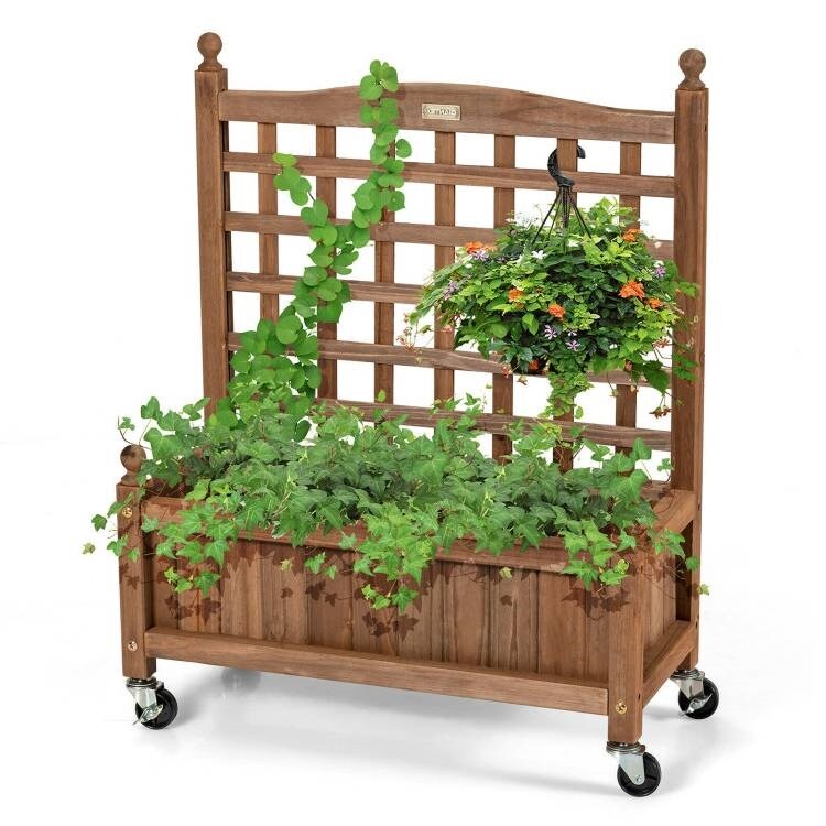 Dark Brown Fir Wood Plant Trellis Planter with Lockable Wheels and Deep 6.5" Planting Bed