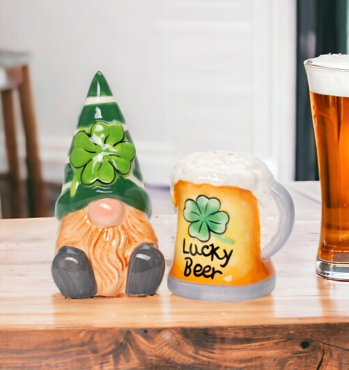Ceramic Saint Patrick's Day Gnome with Beer Salt and Pepper Shakers, Irish Beer, Fairy Garden Decor, Lucky Beer, Gift for Him, Drinking Buddy Gift