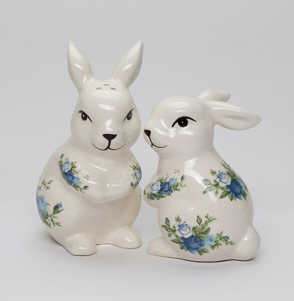 Ceramic Easter Rabbits with Blue Roses Pattern Salt and Pepper Shakers, Spring Decor, Easter Decor, Rabbit Lover Gift