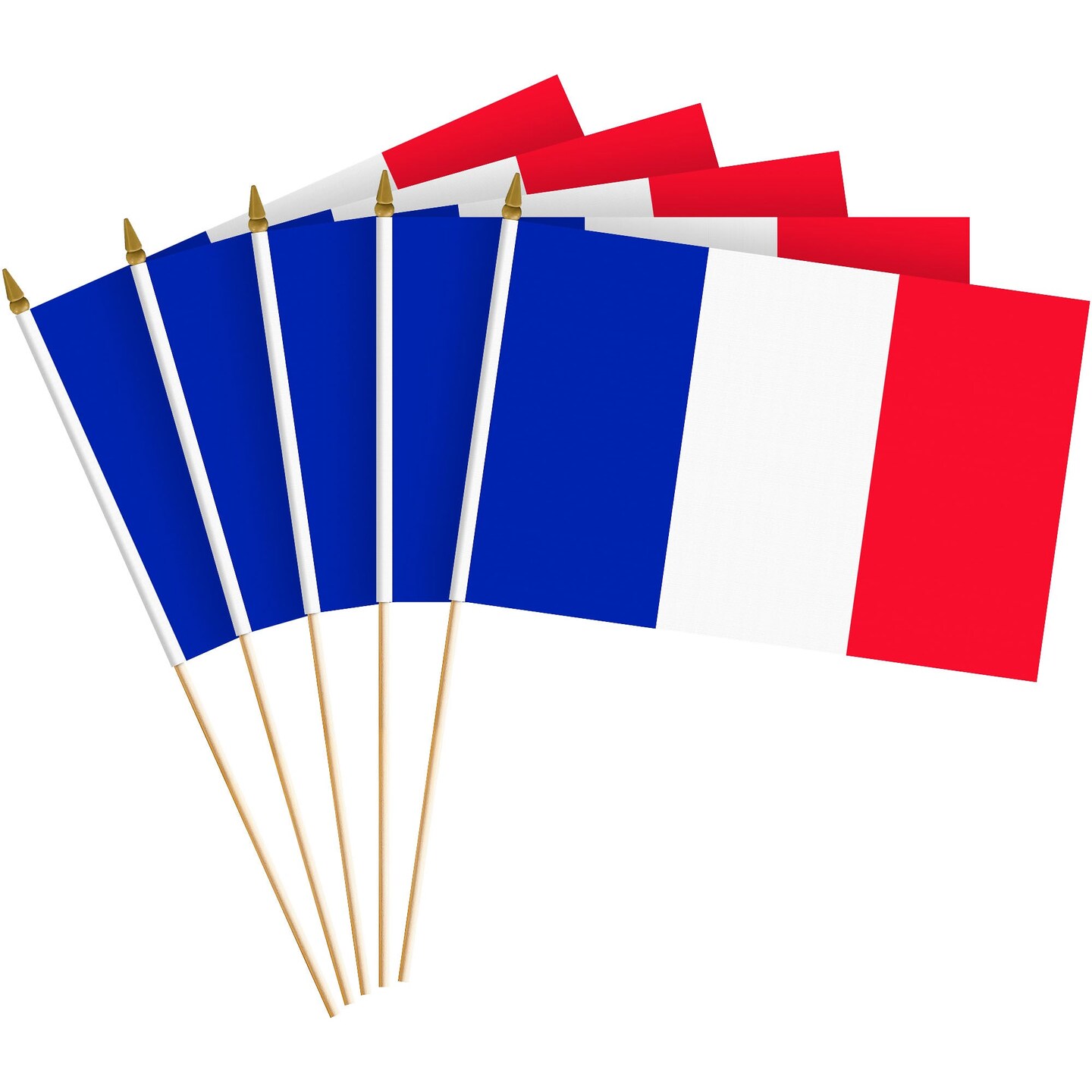 G128 12 Pack Handheld France French Stick Flags | 8x12 In | Printed 150D Polyester, Country Flag, Solid Wooden Stick, Spear Gold Tip