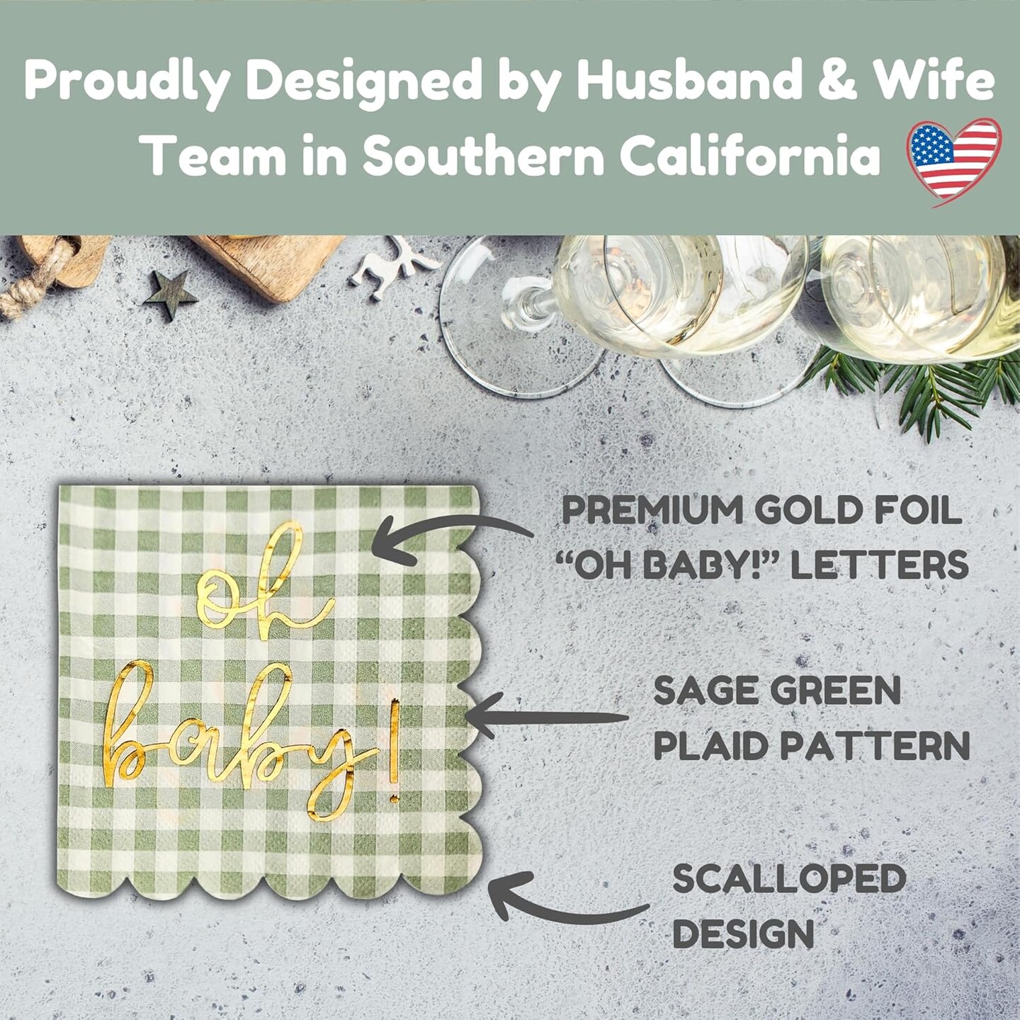 'Oh Baby' Baby Shower Decorations, 50 Pack, Gold Oh Baby Napkins in Plaid Sage Green Pattern, Scalloped Edges