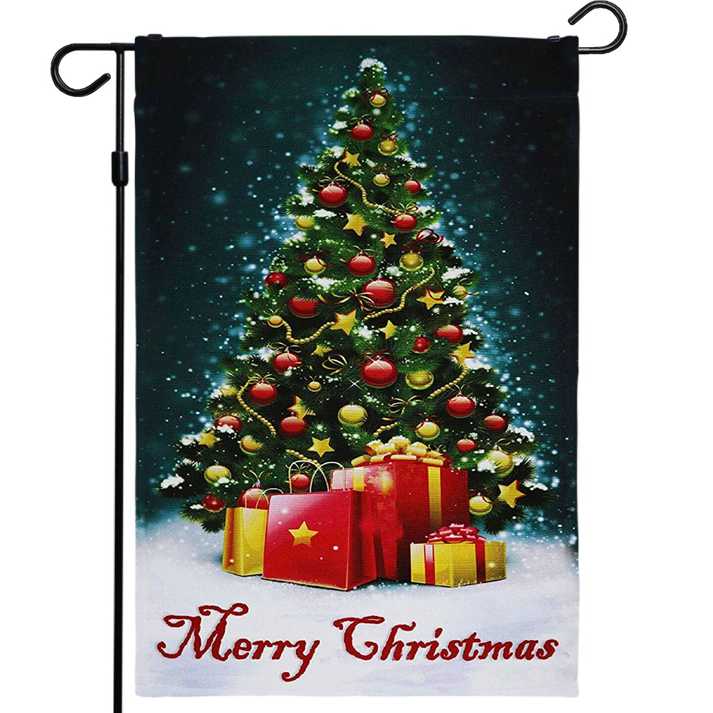 G128 - Christmas Garden Flag, Christmas and Winter Themed Decorations - Christmas Tree with Merry Christmas Quote, | 12x18 Inch | Printed 150D Polyester - Rustic Holiday Seasonal Outdoor Flag