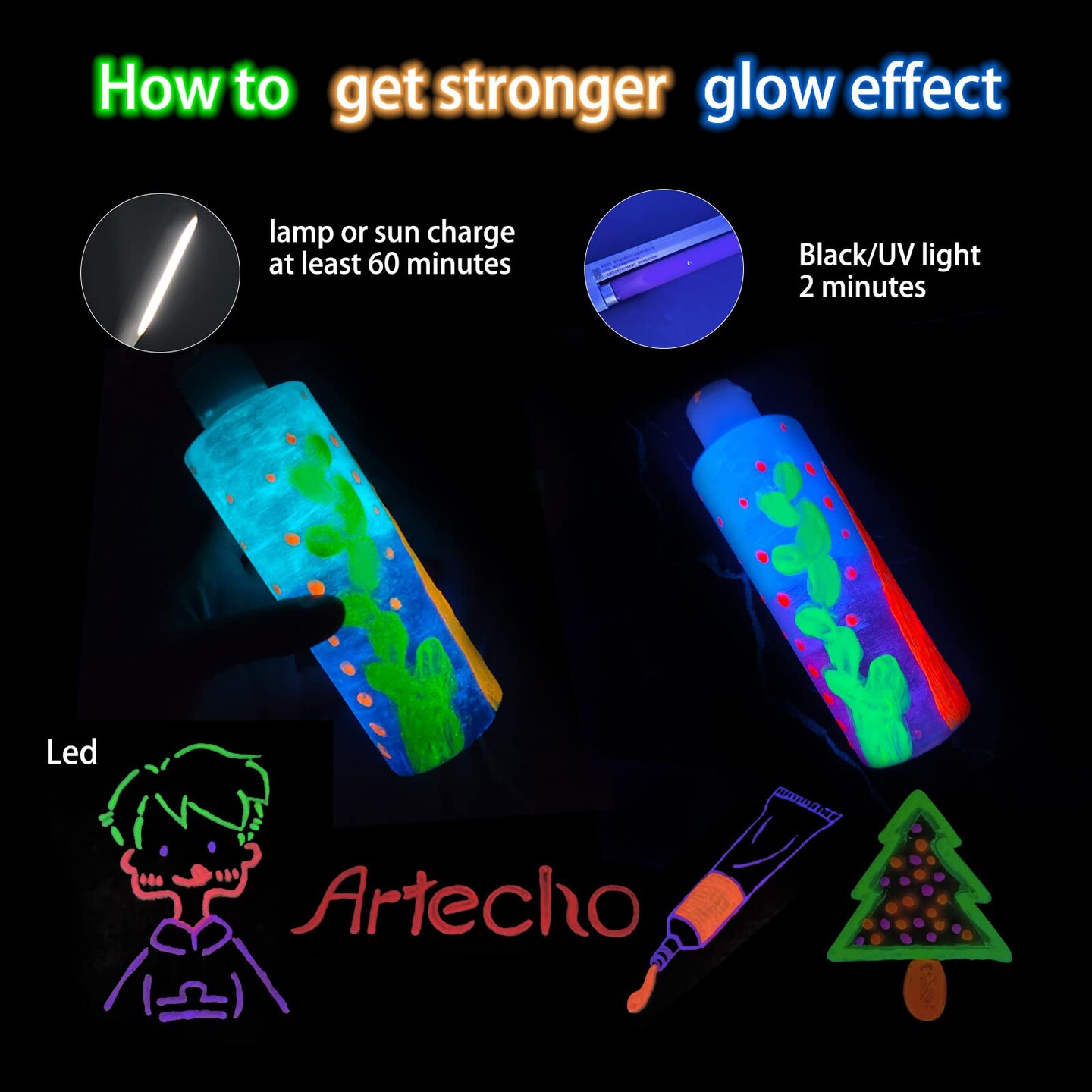 Glow in the Dark Paint 8 Colors, 20 ml / 0.7 oz Acrylic Paint for Decoration, Art Painting, Outdoor and Indoor Art Craft, Supplies for Canvas, Rock, Wood, Waterproof Rich Pigments