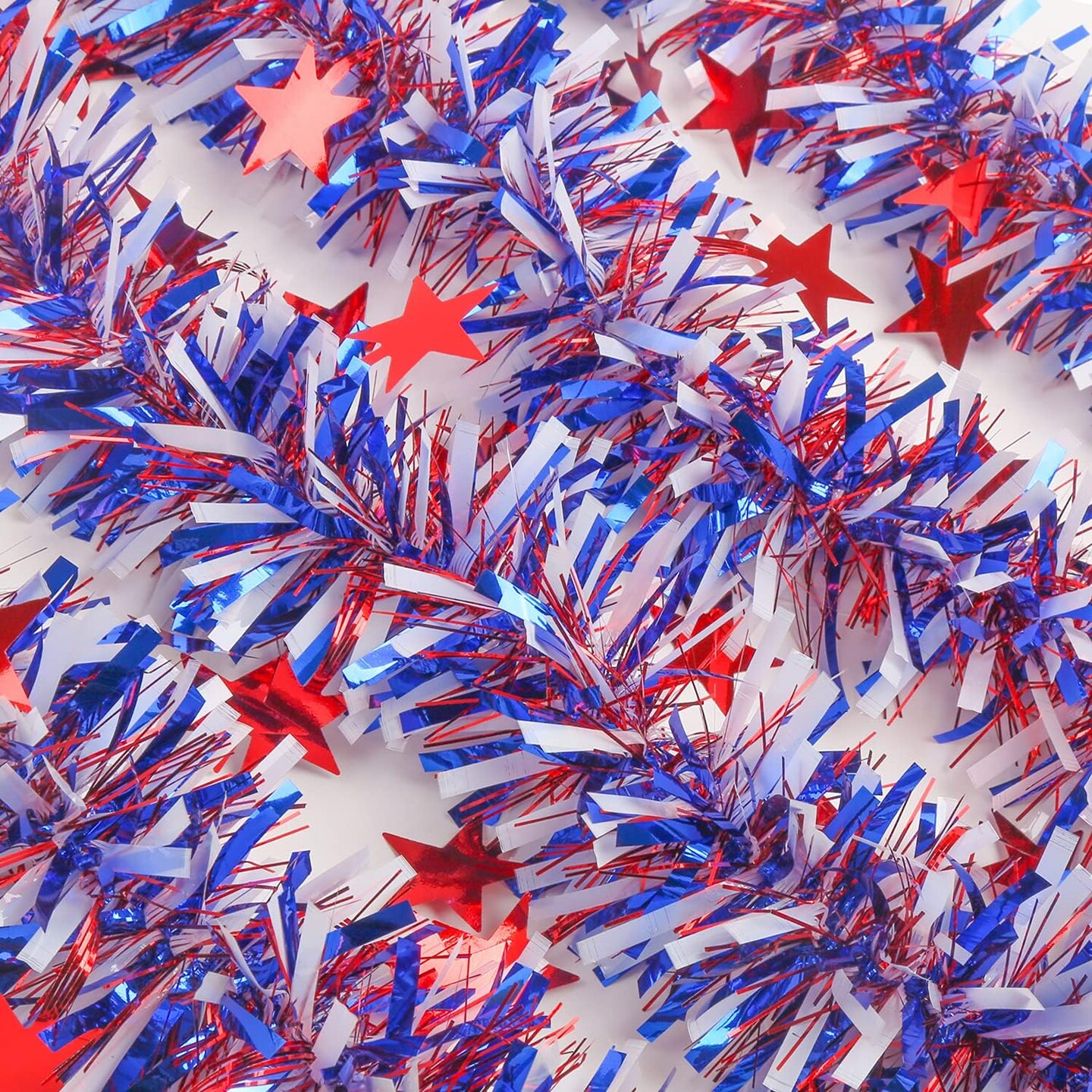 32.8 Ft 4th of July Tinsel Garland, Red White Blue Metallic Garland for Independence Day Memorial Day Decoration