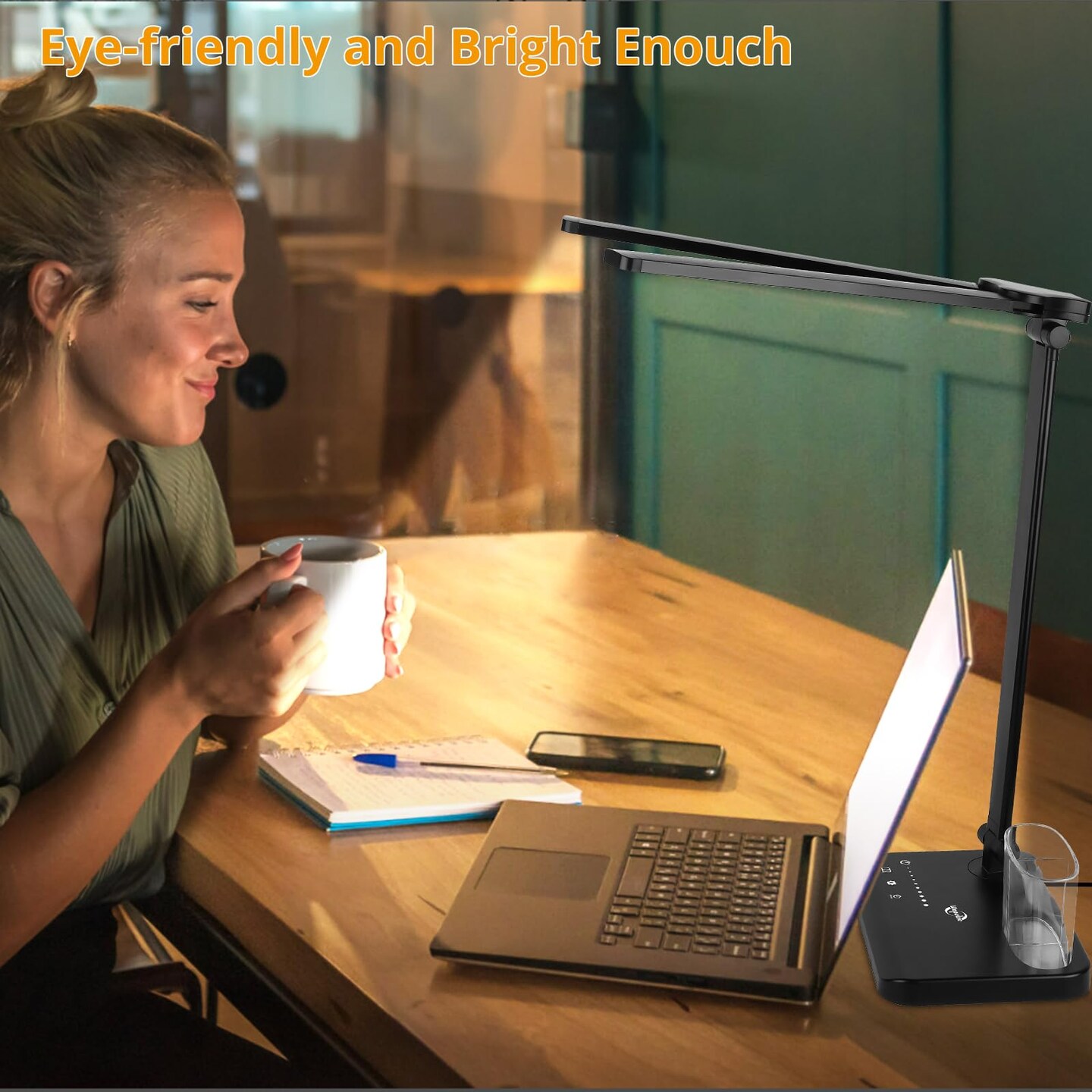 LED Desk Lamp with Dual Heads, 5 Color Modes &#x26; 10 Brightness Levels, Adjustable Reading Light for Home Office, Bedroom, Study, Craft (Black, Includes Adapter)