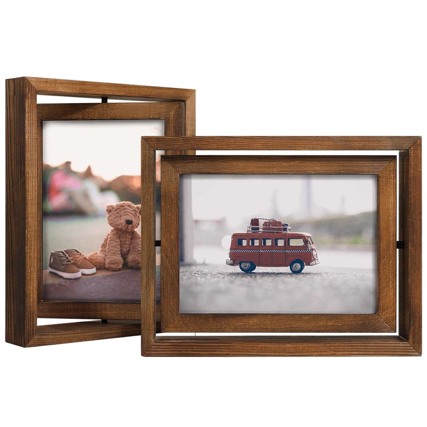 2 Pack 5x7 Rotating Floating Picture Frames,Double-Sided Display with HD Glass Front Wooden Distressed Frame for Vertical or Horizontal Tabletop Display, Carbonization