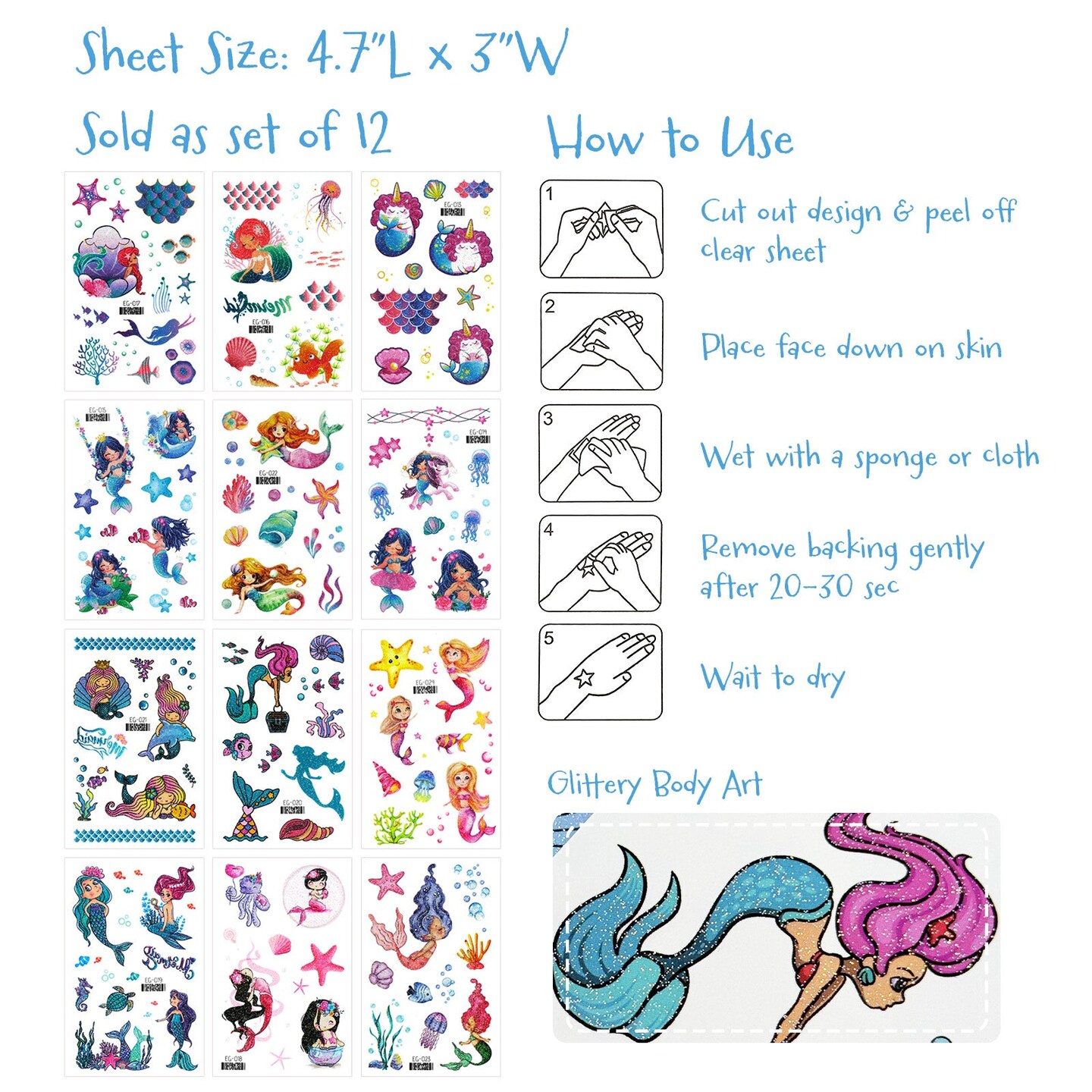 Wrapables Waterproof Glitter Temporary Tattoos, Birthday Party Favors and Supplies, Goodie Bag Fillers, 12 Sheets Mermaids