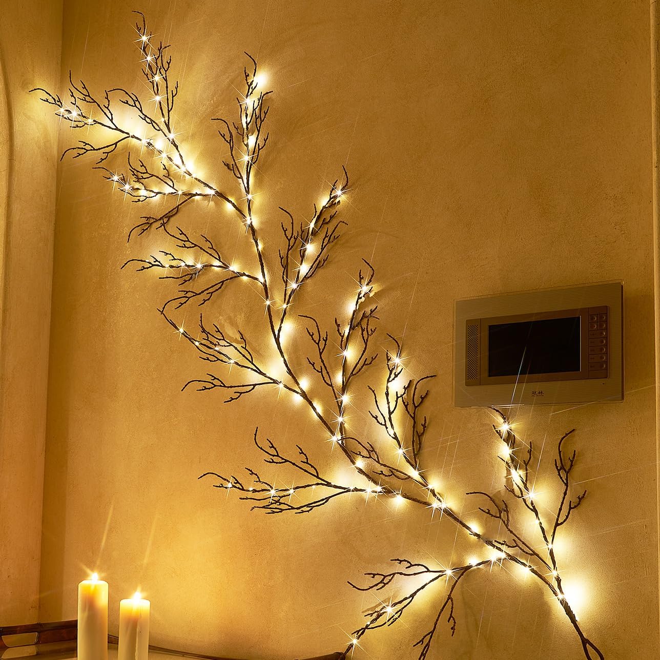 Lighted Brown Garland 6FT 120 LED Fairy Lights Plug in, Twig Vine with Lights for Christmas Fireplace Mantle Table Decoration Indoor Outdoor