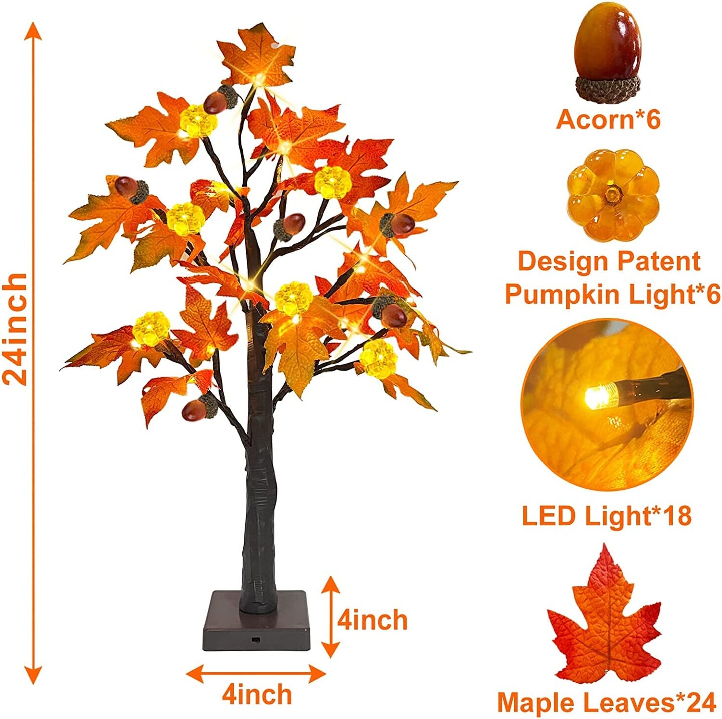 [ 2 Pack &#x26; Timer ]   24 Inch Lighted Maple Tree Fall Decor, Total 48 LED Battery Operated Tabletop Artificial Tree Design Patent Pumpkin &#x26; Acorn Thanksgiving Halloween Decoration Home Indoor  &#x26; Organizer Storage Tote Bag