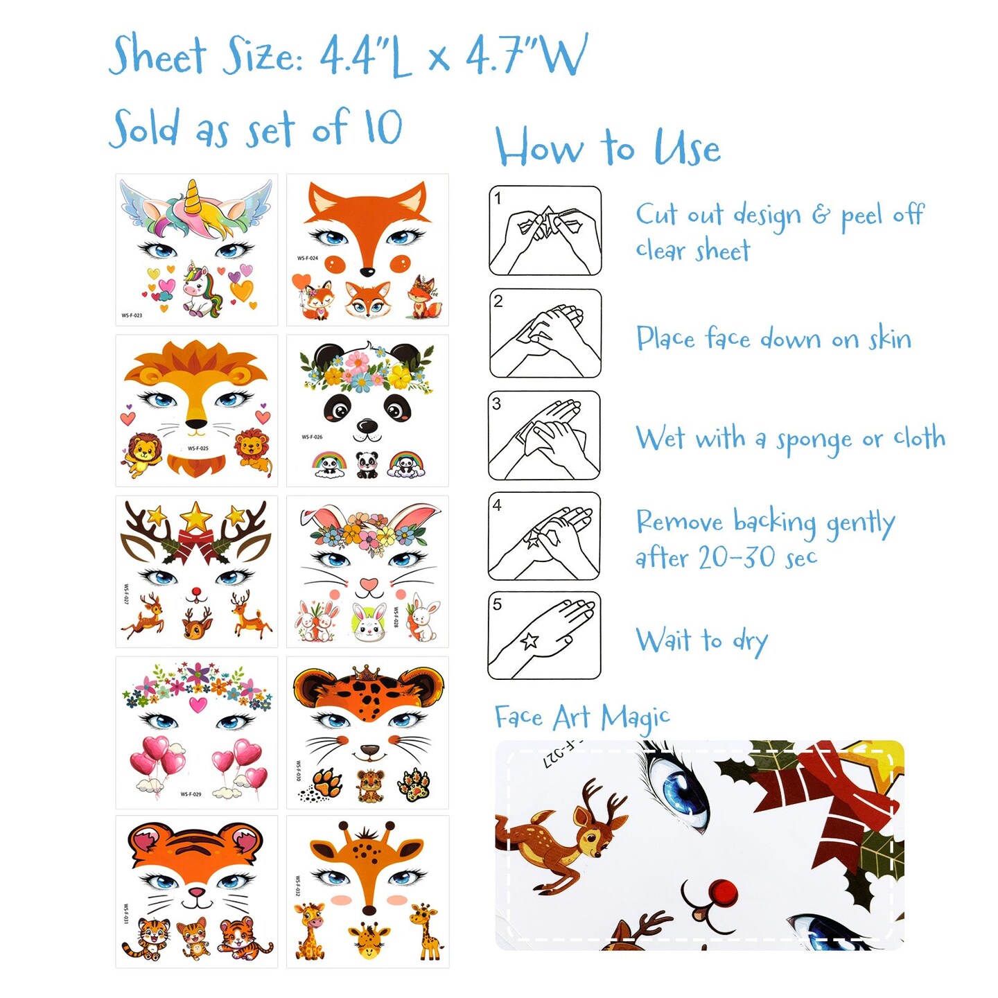 Wrapables Waterproof Animal Face Temporary Tattoos for Party Favors, Goodie Bag Stuffers, Easter Basket Stuffers, Halloween Treats (10 Sheets)