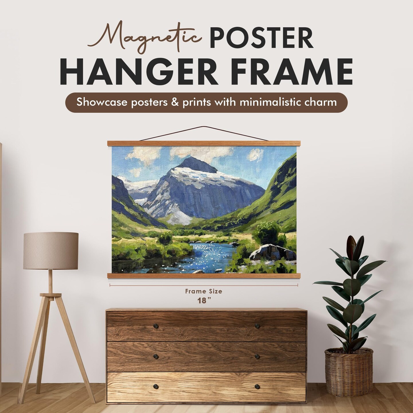 Magnetic Poster Hanger 18&#x201D; Poster Frame with Strong Magnets, Complete Hanging Kit for Posters, Art, Maps, and More, Fits 18x18, 18x20, 18x24, and 18x30, Teak Wood